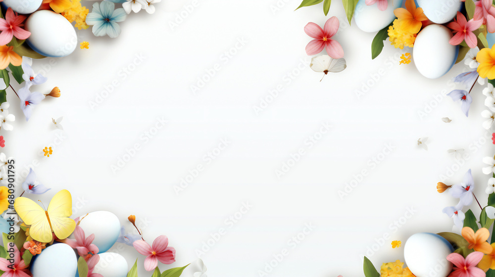 Easter greeting card, with Easter eggs and flowers, with space for text
