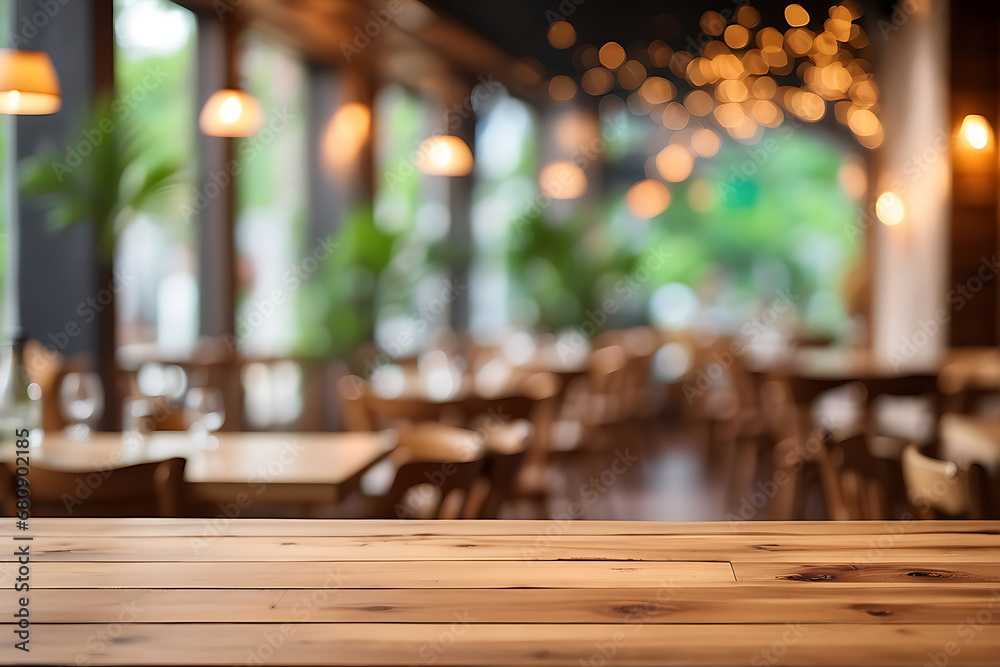 Wooden table top for product display with lights bokeh on blur restaurant background