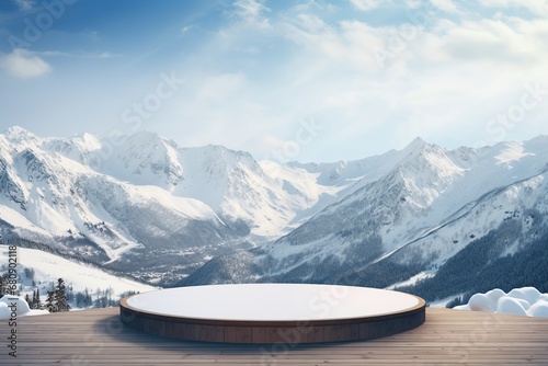 Podium mockup on a winter-themed set, snowy mountain background, Generative AI