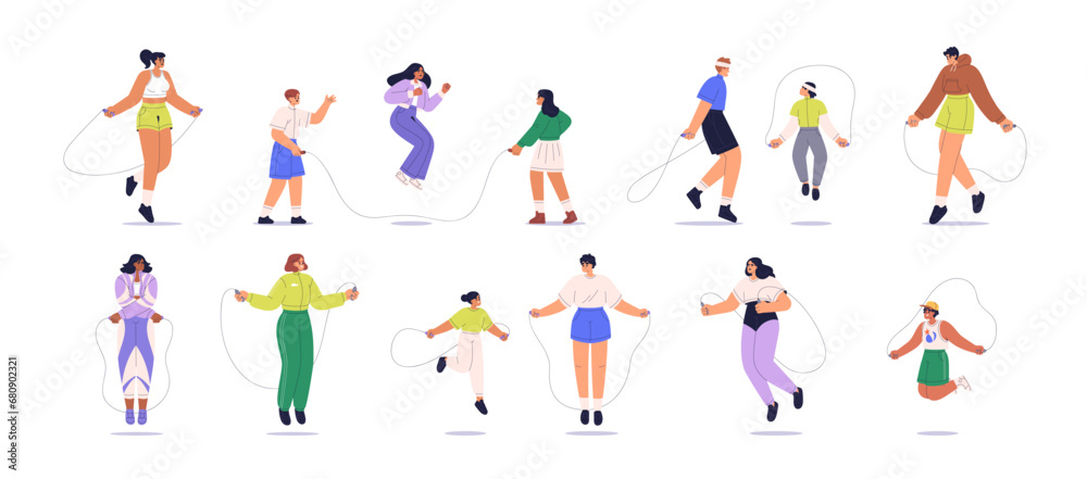 Characters jumping with skipping rope set. Cardio workout, kids game. Happy people doing aerobic exercise, sports activity. Hops training. Flat vector illustrations isolated on white background