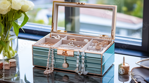 jewelry box with gold earrings and jewelry on a table. 
accessory box with wedding rings on a table in the room. photo