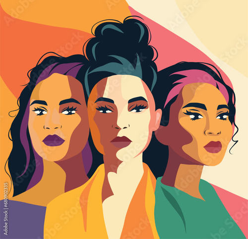 Vector illustration of women of different cultures standing together, female power, women's rights and protection, activist feminism, bright flat illustration for women's day