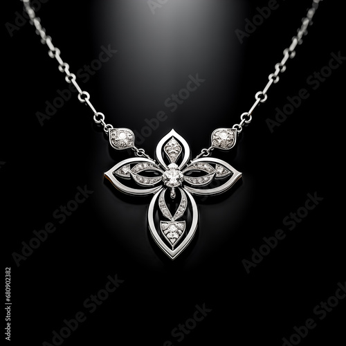 jewelry necklace with precious stones on a dark background. Necklace diamond pendant on a black background close-up. 