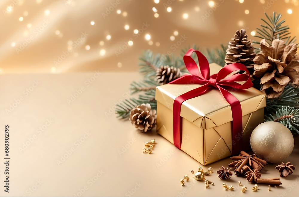 Christmas gift box and pine cones on the background of bokeh garlands Christmas gift box and pine cones on the background of bokeh garlands