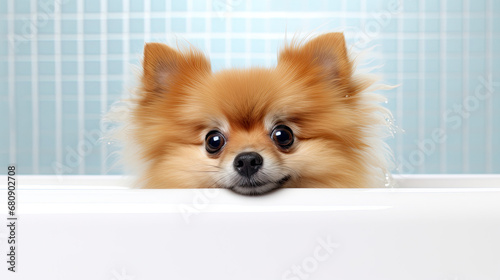 Pomeranian  dog peeking out of a bath, Dog is taking a  bath © reddish