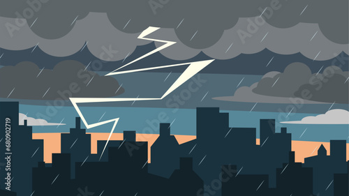 Thunderstorm and rain on the city. Vector illustration in flat style