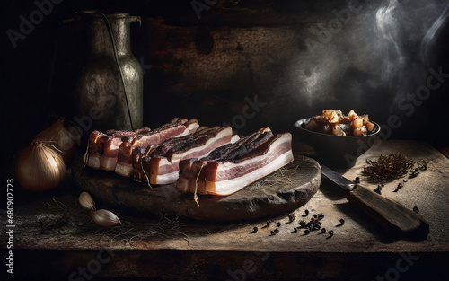 freshly smoked Black Forest bacon in a rustic farmhouse kitchen, AI generated