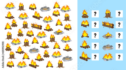 Game "Counting" with a fire for preschool children. Educational math game. Count how many objects and write the result.