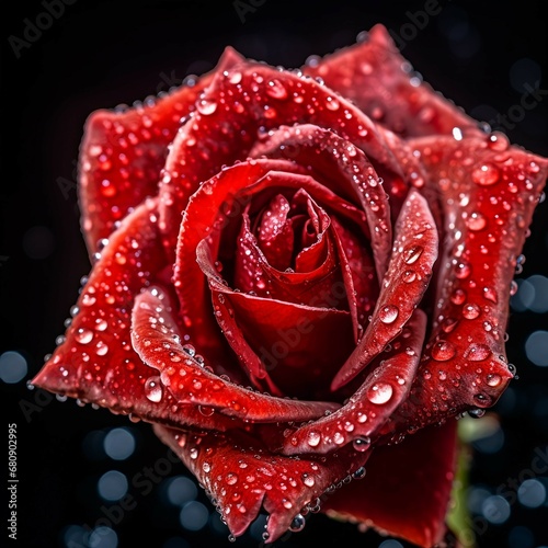 a captivating photograph featuring a vibrant red rose adorned with a delicate water droplet