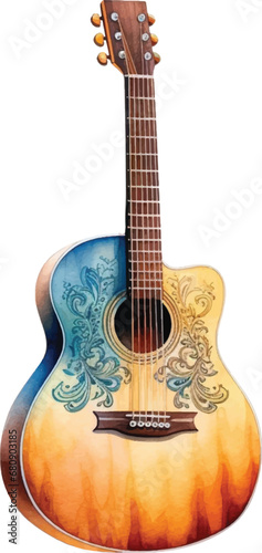 Watercolor acoustic guitar on white background