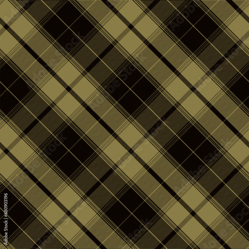 Check Plaid Seamless Pattern, Diagonal Gingham Buffalo Vector Pixel in Black, Green (Camel) Mellow, Simple Tartan Background Graphic with Herringbone Line Grid