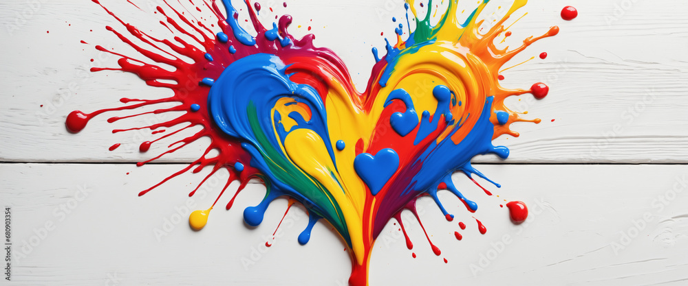 Fototapeta premium Colorful heart shaped paint splatter on white background