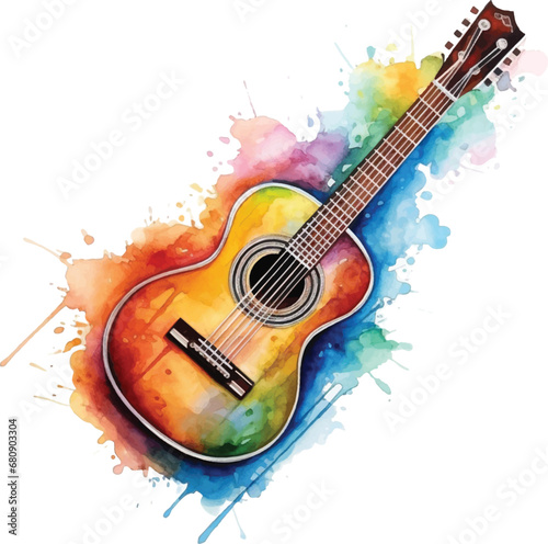 Watercolor acoustic guitar on white background