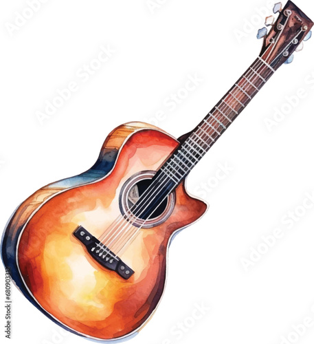 Watercolor acoustic guitar on white background