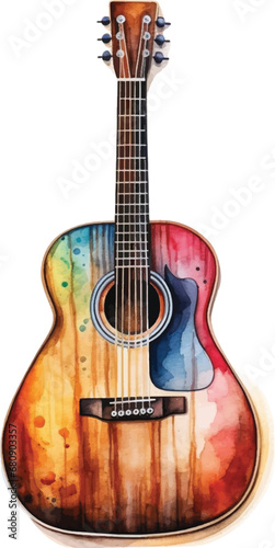 Watercolor acoustic guitar on white background