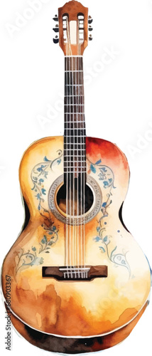 Watercolor acoustic guitar on white background