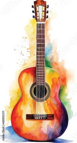 Watercolor acoustic guitar on white background