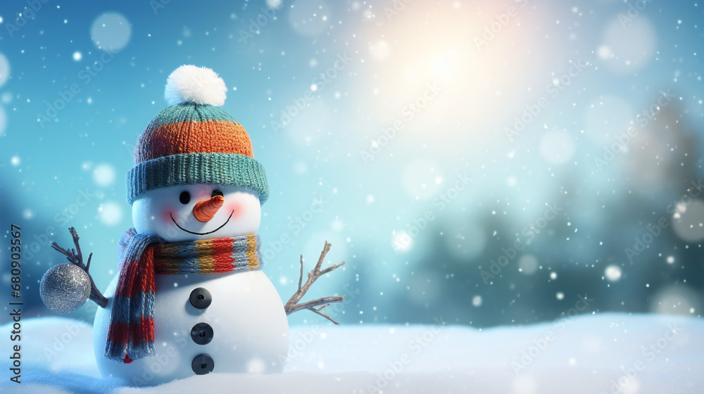 Adorable Snowman in a Frosty Landscape with Falling Snowflakes
