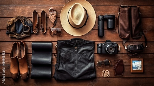 Flat lay of men's clothing and accessories on wooden background.