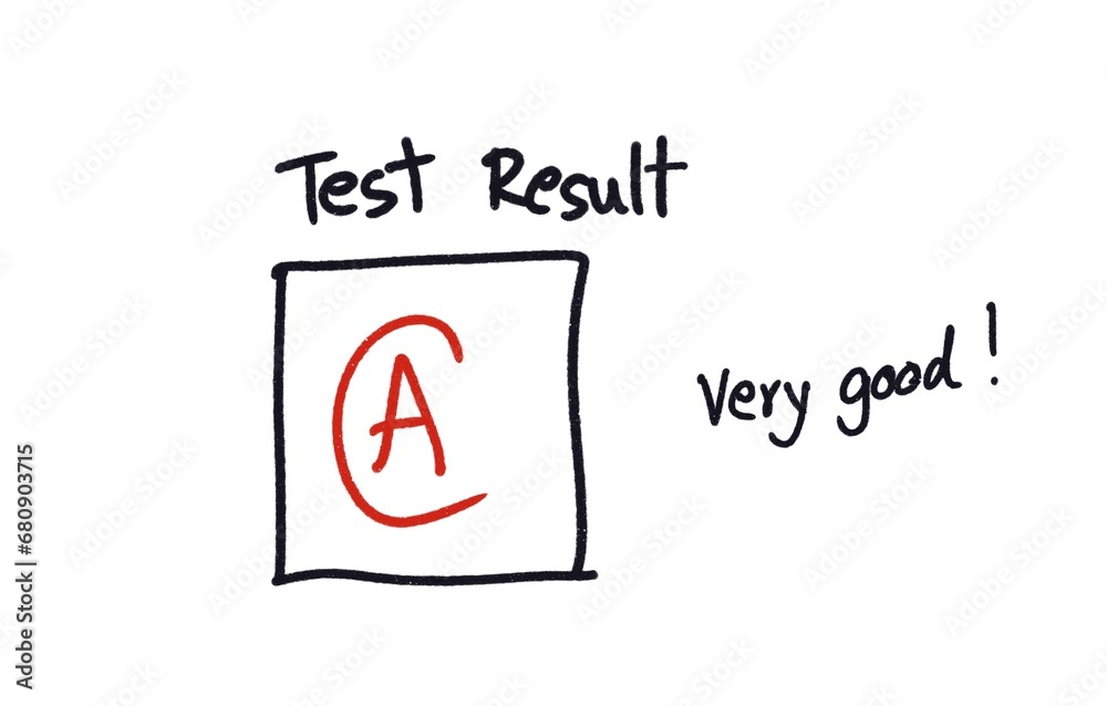 Test result A, Very good with handwritten, white background. Concept, education evaluation. Grading, scoring, judgement level. Using compliment word to encourage and motivate of learning. Test result A, Very good with handwritten, white background. Concept, education evaluation. Grading, scoring, judgement level. Using compliment word to encourage and motivate of learning.
