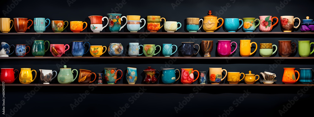 a vivid and colorful display of various types of coffee cups, arranged artistically