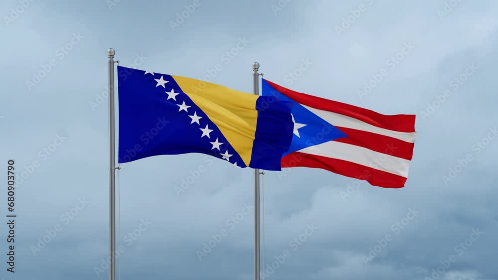 Puerto Rico and Bosnia and Herzegovina flag waving together on cloudy sky, endless seamless loop, two country cooperation concept Puerto Rico and Bosnia and Herzegovina flag waving together on cloudy sky, endless seamless loop, two country cooperation concept