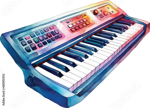 Watercolor electric keyboard on white background