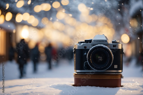 Snow blurred background with magical lights. Winter Illumination concept