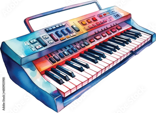 Watercolor electric keyboard on white background