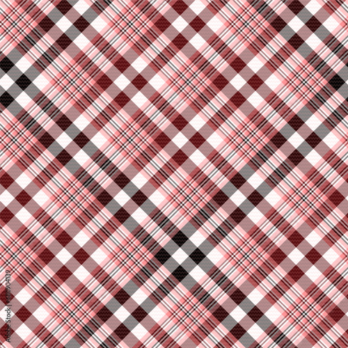 Check Plaid Seamless Pattern, Diagonal Gingham In Black, Red (Maroon) and White Multi, Lumberjack Tartan Vector Pixel Textured with Herringbone