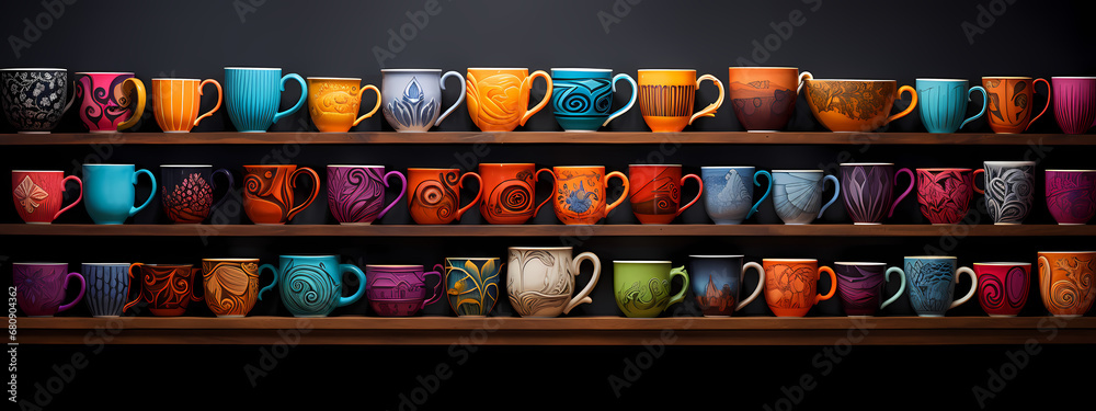 a vivid and colorful display of various types of coffee cups, arranged artistically - obrazy, fototapety, plakaty 