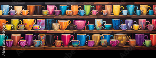 a vivid and colorful display of various types of coffee cups, arranged artistically © Manuel