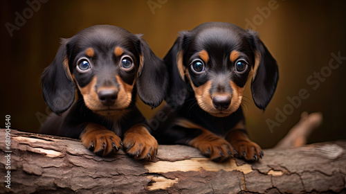 Two beautiful baby dachshund dogs in the forest  photo