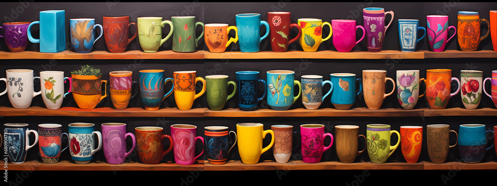 a vivid and colorful display of various types of coffee cups, arranged artistically