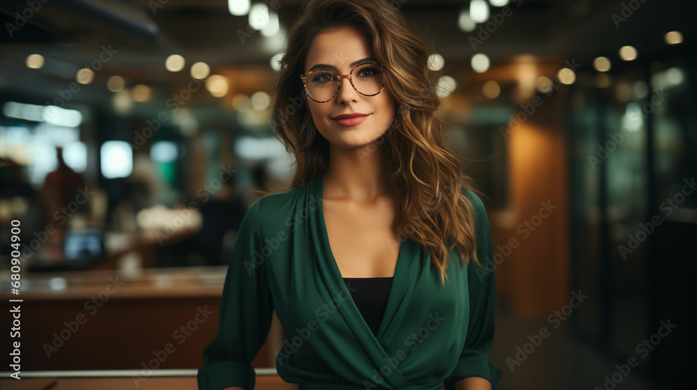 Bella donna con capelli lunghi in un moderno ufficio con abito elegante e occhiali Bella donna con capelli lunghi in un moderno ufficio con abito elegante e occhiali