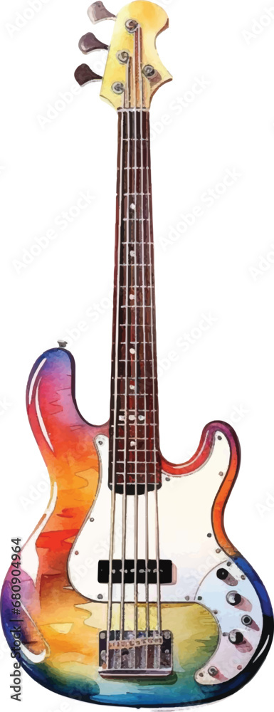 Watercolor bass guitar on white background