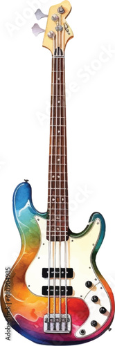 Watercolor bass guitar on white background