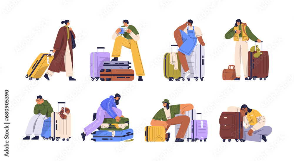 People travel with suitcases. Passenger characters going, carrying luggage, packing baggage, waiting for trip. Tourists with wheeled bags set. Flat vector illustrations isolated on white background - obrazy, fototapety, plakaty 