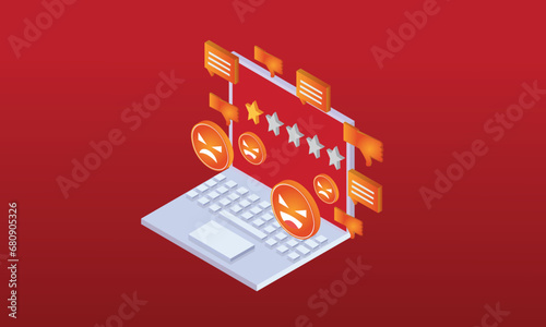 Isometric mental stress from messages on social networks The concept of online bullying in Laptop.on red background.3D design.isometric vector design.