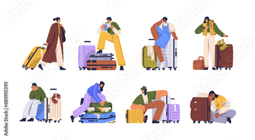 People travel with suitcases. Passenger characters going, carrying luggage, packing baggage, waiting for trip. Tourists with wheeled bags set. Flat vector illustrations isolated on white background