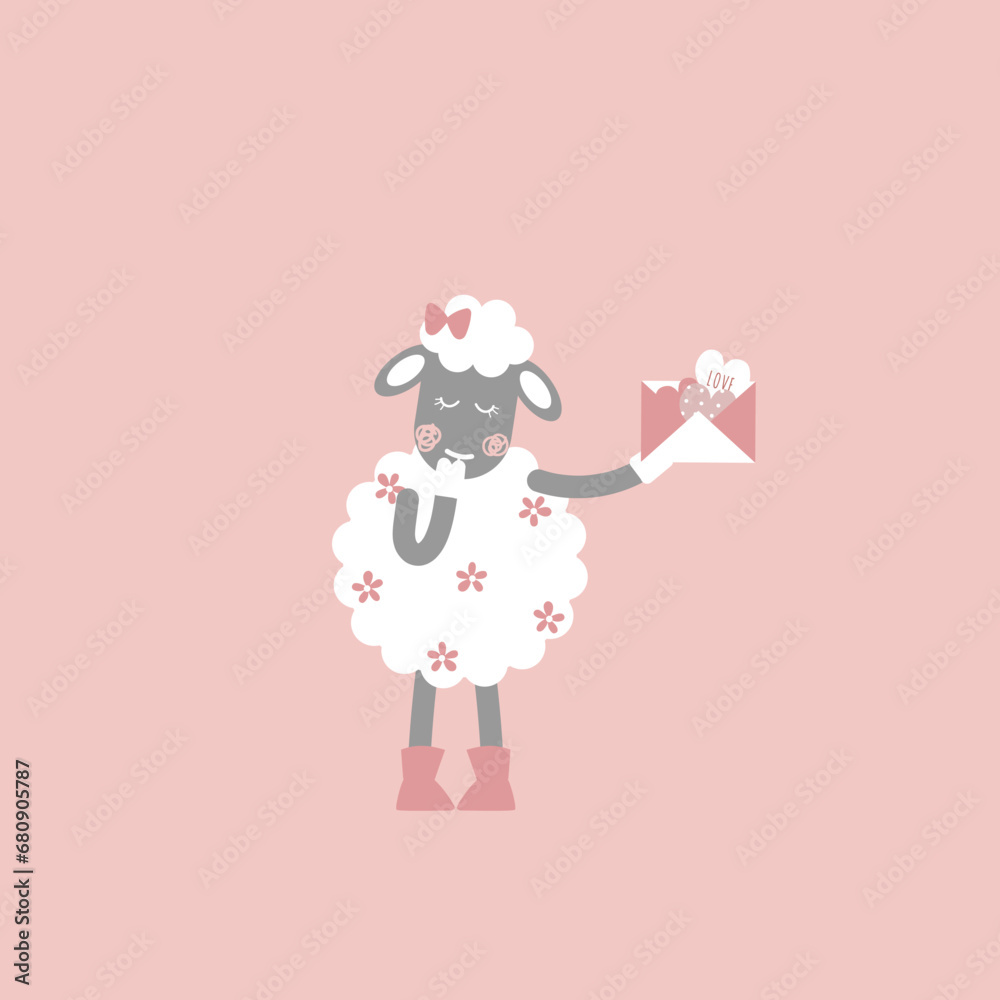 cute shy sheep holding love letter with flower on fur, happy valentine's day, love concept, flat vector illustration cartoon character costume design cute shy sheep holding love letter with flower on fur, happy valentine's day, love concept, flat vector illustration cartoon character costume design