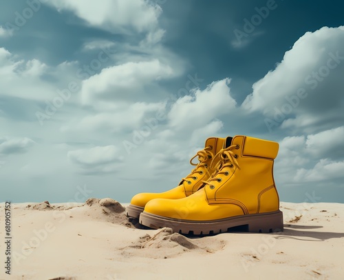 A pair of bright yellow boots on the beach.