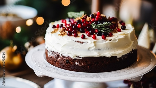 Christmas cake, holiday recipe and home baking, pudding with creamy icing for cosy winter holidays tea in the English country cottage, homemade food and cooking