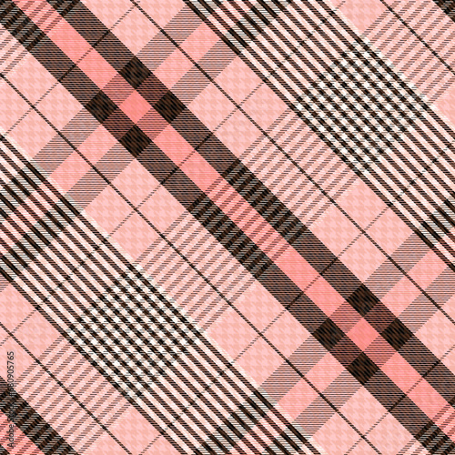 Check Plaid Seamless Pattern, Diagonal Gingham Simple Pixel Textured In Black, Pink Color With Herringbone and Hounds Tooth Tartan