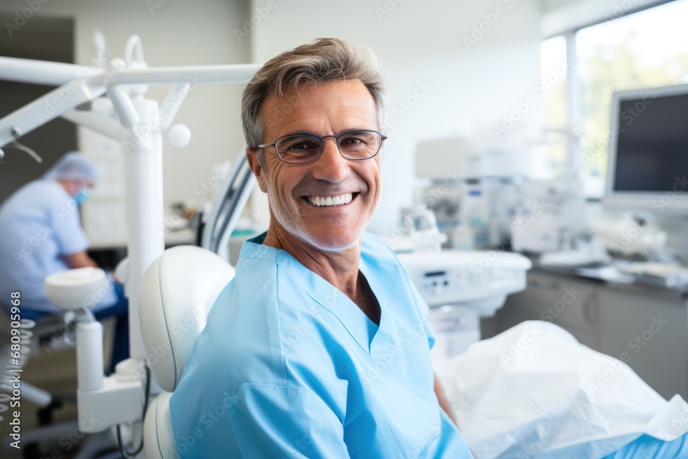 senior dentist in uniform with jaws model in dental clinic