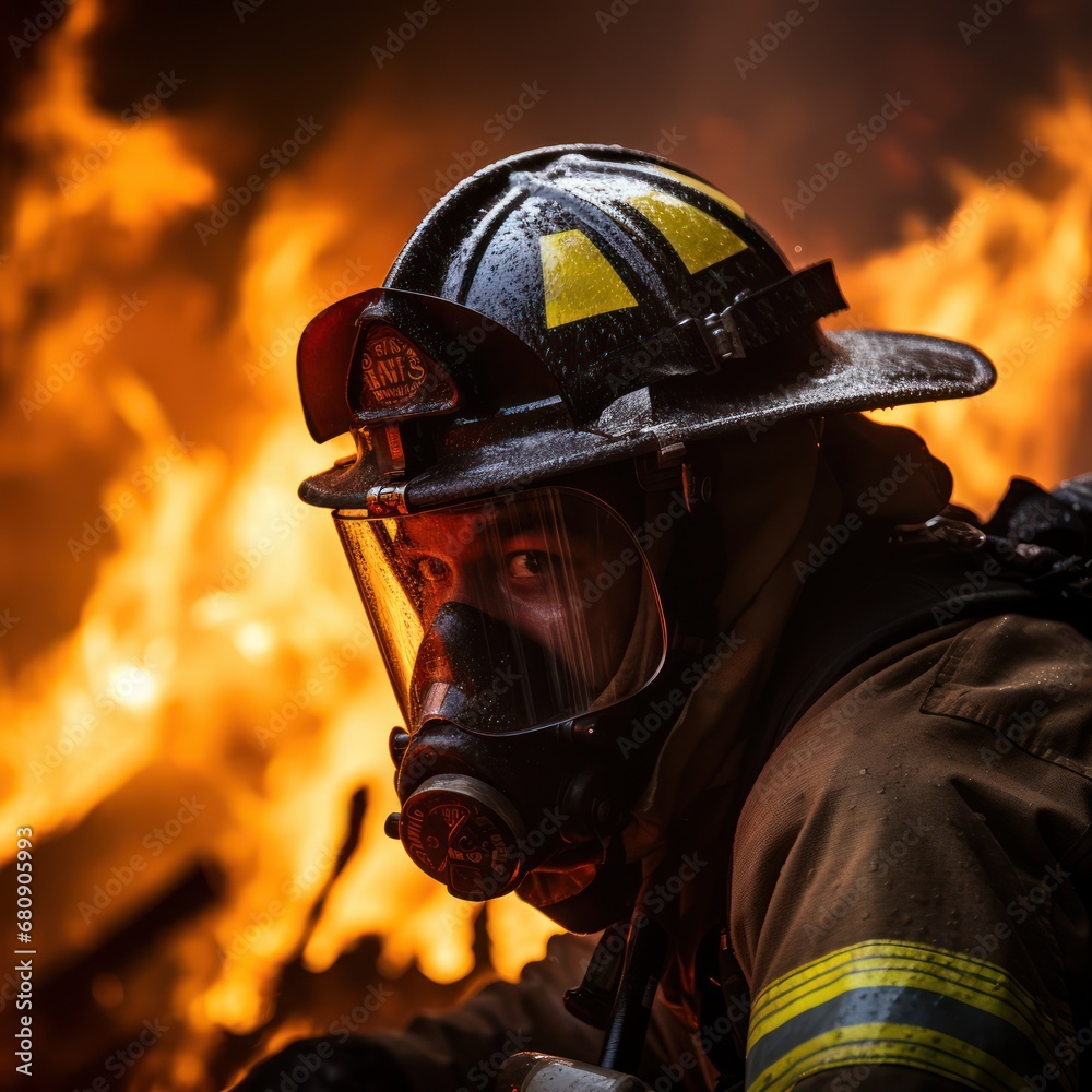 Fireman wearing full equipment. Firefighter with protective helmet oxygen mask and flashlight. Smoke and fire trucks in the background. Fireman wearing full equipment. Firefighter with protective helmet oxygen mask and flashlight. Smoke and fire trucks in the background.