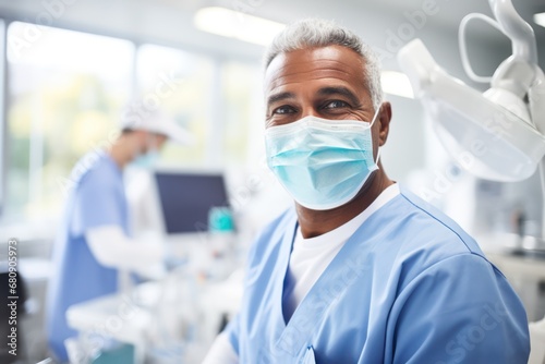 senior dentist in uniform with jaws model in dental clinic