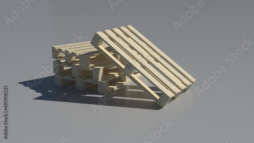 3D render - Stacked wooden pallets on a gray background