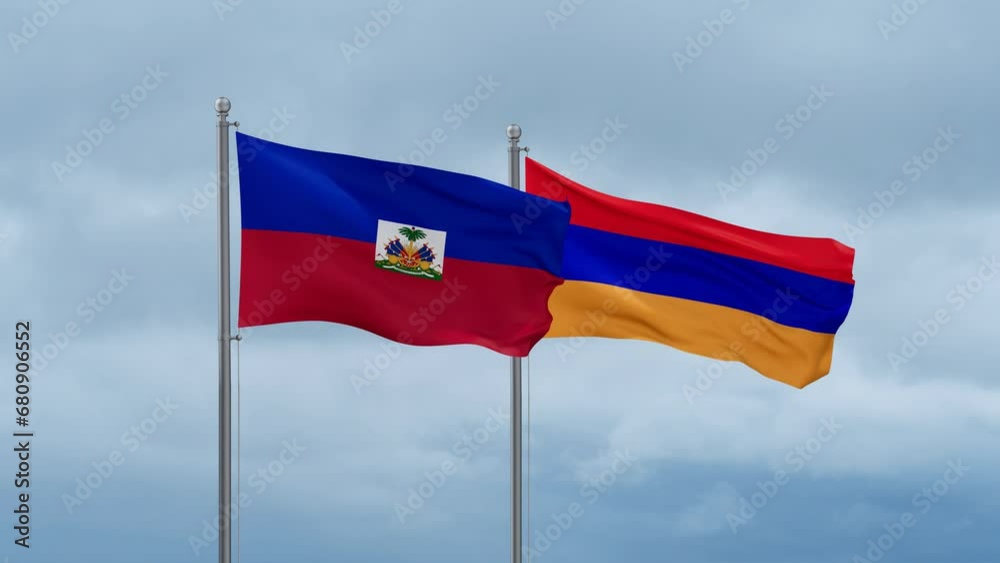 Armenia and Haiti flag waving together on cloudy sky, endless seamless loop, two country cooperation concept Armenia and Haiti flag waving together on cloudy sky, endless seamless loop, two country cooperation concept