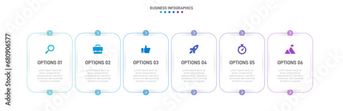 Timeline infographic with infochart. Modern presentation template with 6 spets for business process. Website template on white background for concept modern design. Horizontal layout.